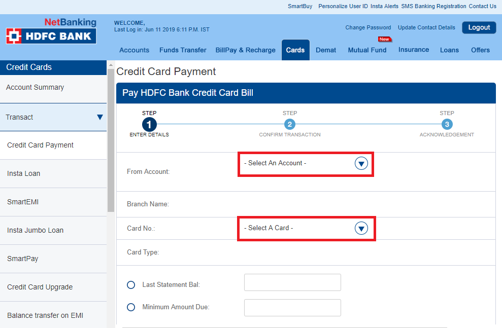 4-HDFC netbanking credit card bill payment