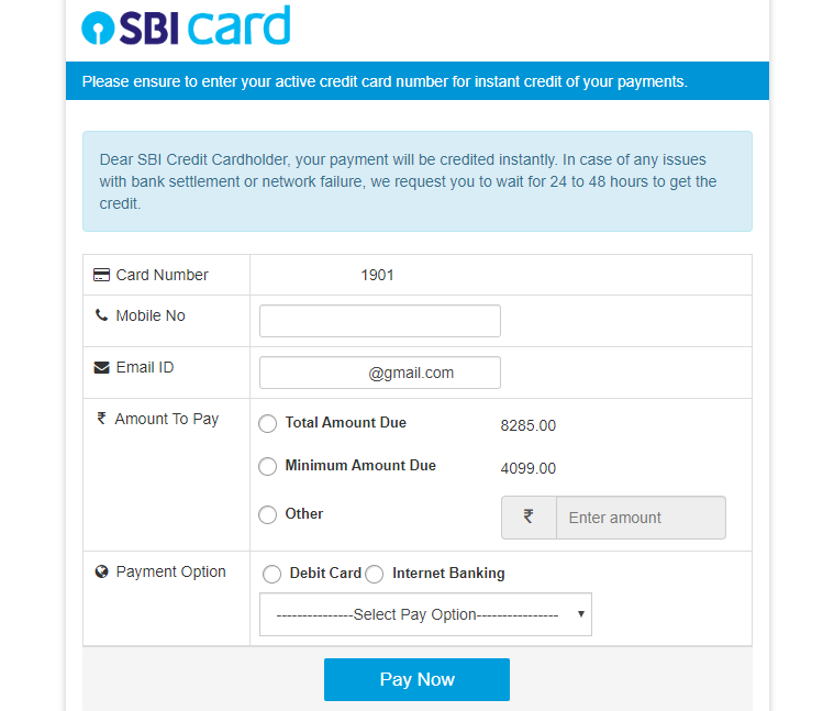SBI credit card bill payment Paynet