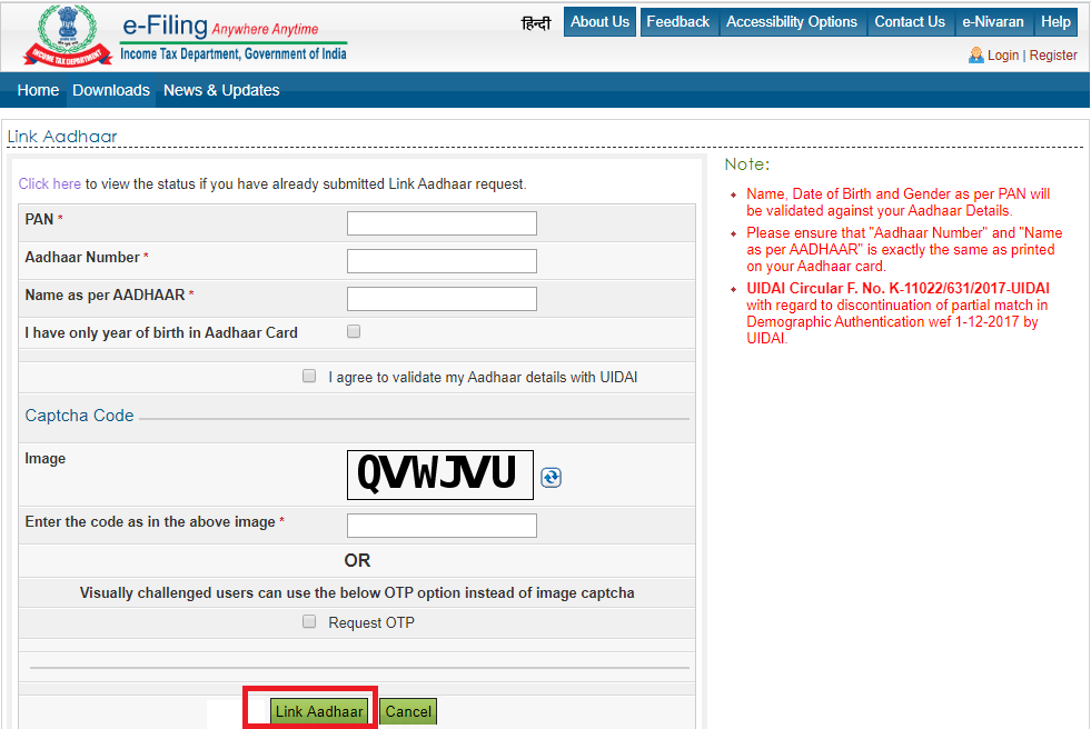 aadhaar income tax link
